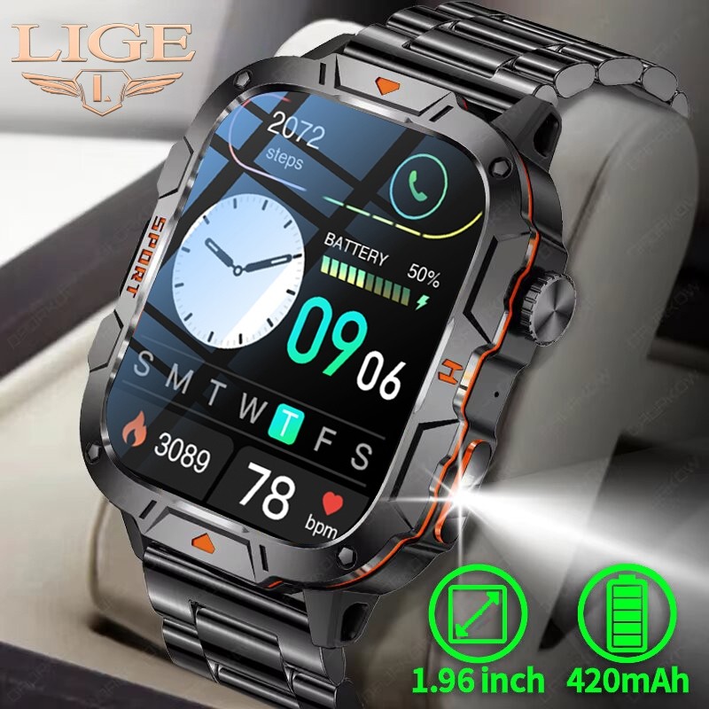 (GW Bren) LIGE Ultra Sport 1.96” – Smartwatch Pria & Wanita, Premium, Senter UV & 100+ Mode Olahraga