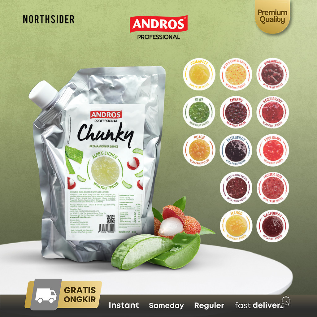 

Andros Chunky fruit Jam Puree 1Kg - Potongan buah utk Minuman Cocktail Mocktail