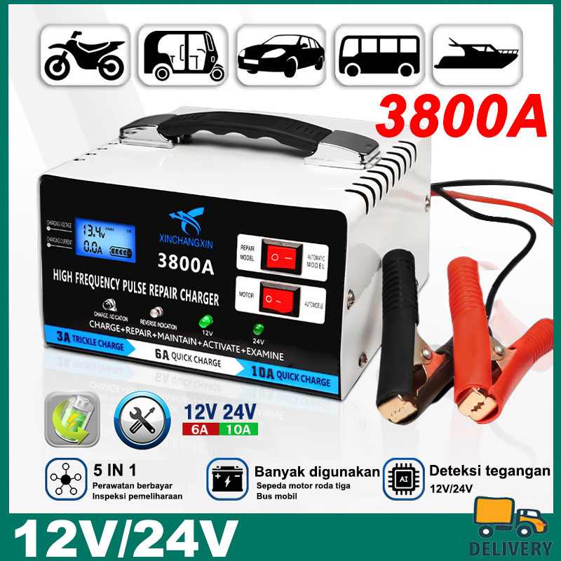 LUNDONGSHOP Charger Aki Otomatis 4800A 12V/24V 500W Auto Repair Mobile Motor Kapal Truck Portable Pe