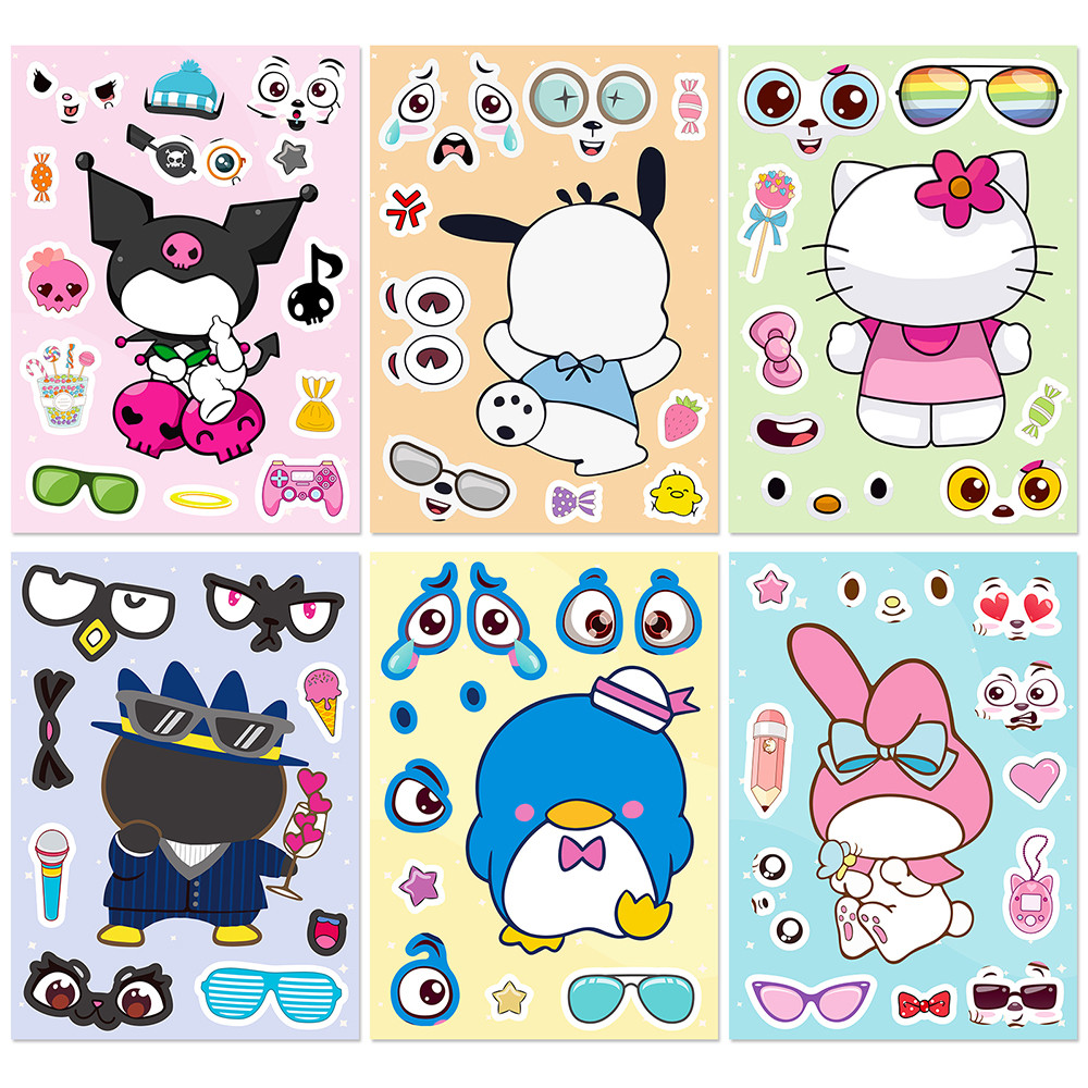 

6/12Sheets Kawaii Sanrio Make a Face Puzzle Stickers Hello Kitty My Melody Cinnamoroll Kid Anime DIY Game Assemble Jigsaw Toys
