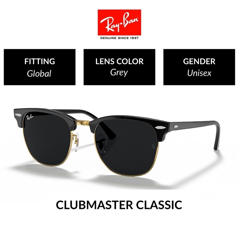 New New 100% Original Ray-Ban Kacamata Hitam CLUBMASTER RB3016 Sunglasses Black pria wanita GreyPrem