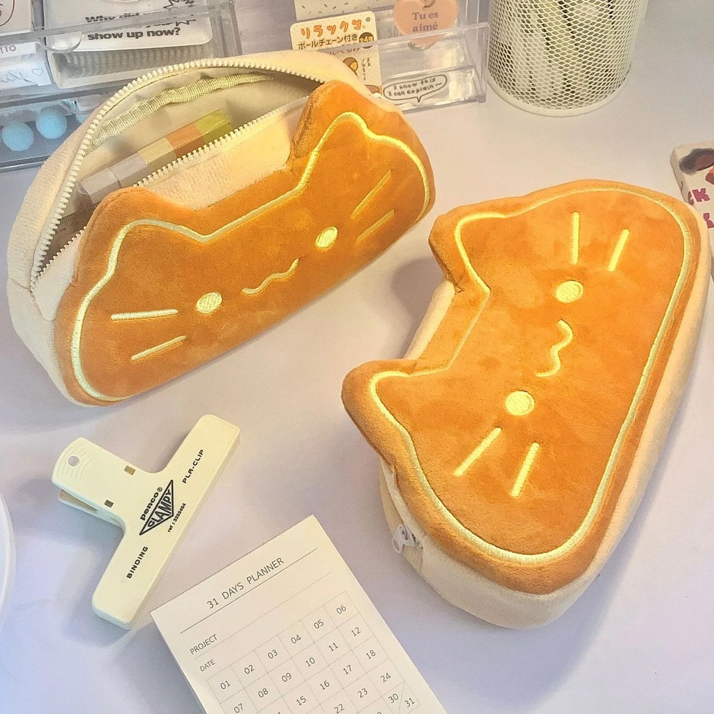

Cute Cat Caramel Bread Plush Pencil Bag Kawaii Student Large Capacity Stationery Bag Kitten Pencil Pouch Back To School Supplies