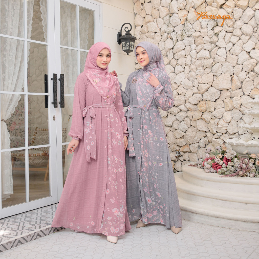 Gamis Umroh Haji Set Syar'i Elizha Ceruty Digital Printing Bunga Premium By RANAYA