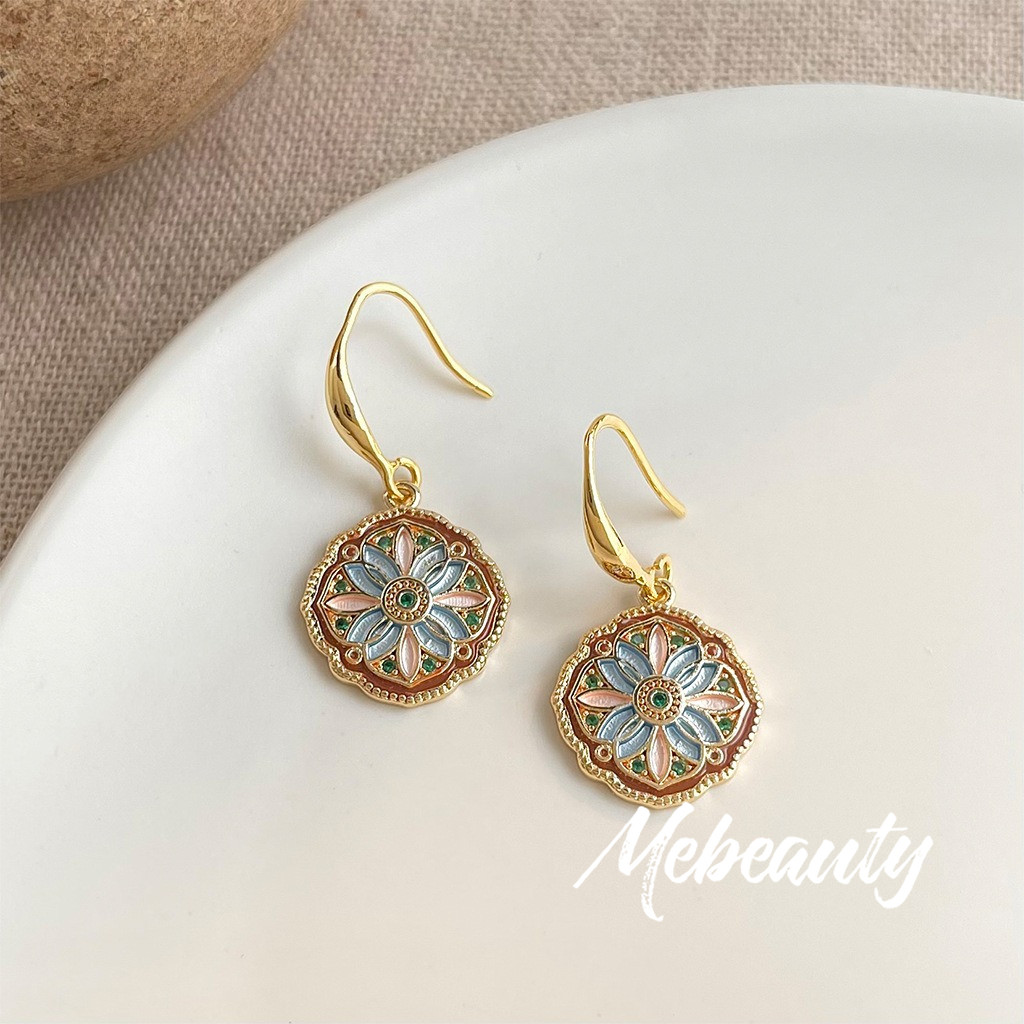 MEBEAUTY Anting Monet Emas 14K Wanita Vintage Tionghoa Elegan Tahan Lama Aksesoris Fashion Wanita Ko