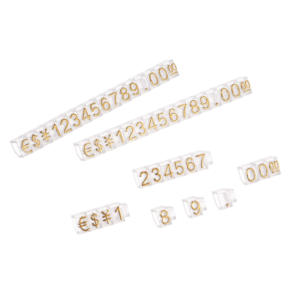 

10Sets Adjustable Removable Mini Cube Price Tag Display Number Letter Price Label Stand Block Kit for Shop Counter Gold on Clear