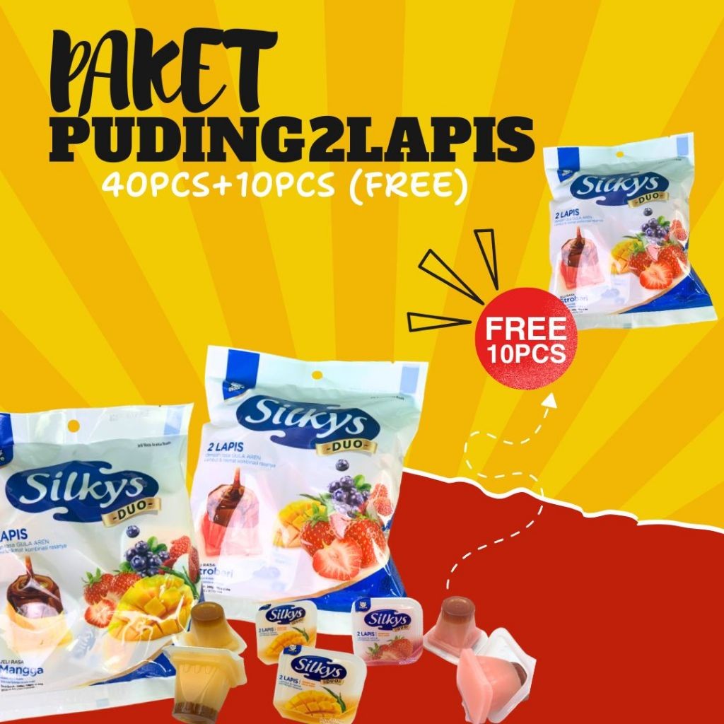 

New 40PCS+10PCS (FREE) TOTAL 50PCS PAKET PUDING GULA AREN JELLY PUDING 2LAPIS BERLAPIS GULA AREN MURNI DAN RASA BUAH-BUAHAN DAN RASA MANGGA BLUEBERRY STRAWBERRY Pudding Fruity Rendah gula Alami Almond Paket Usaha Jajanan SD 1 DUS Jajanan Grosir ManisPrem