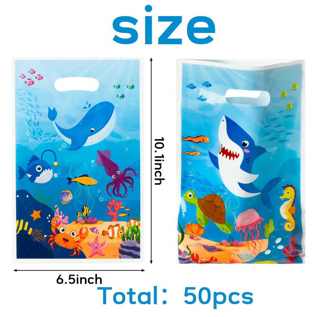 

50Pcs Animal in the Sea Party Favor Bag Marine Life Ocean Themed Goodie Bag with Die Cut Handle Whale Shark Gift Bags Birthday
