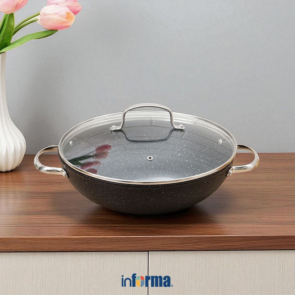 Informa Cooking Color Logan Wajan Penggorengan Wok 2 Handle Greblon C3 30 cm - Hitam Frying Pan Skil