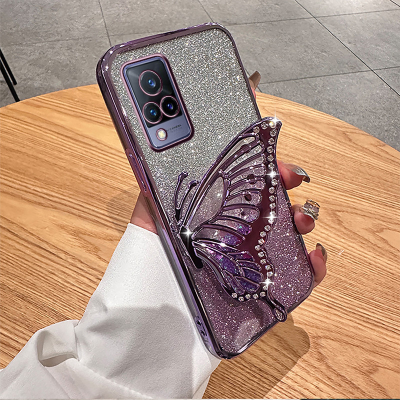 Casing HP Vivo V21 / Vivo V21e 4G / V20 SE / Vivo Y73 berlian mengkilap Cairan Bening Berdiri kupu-k