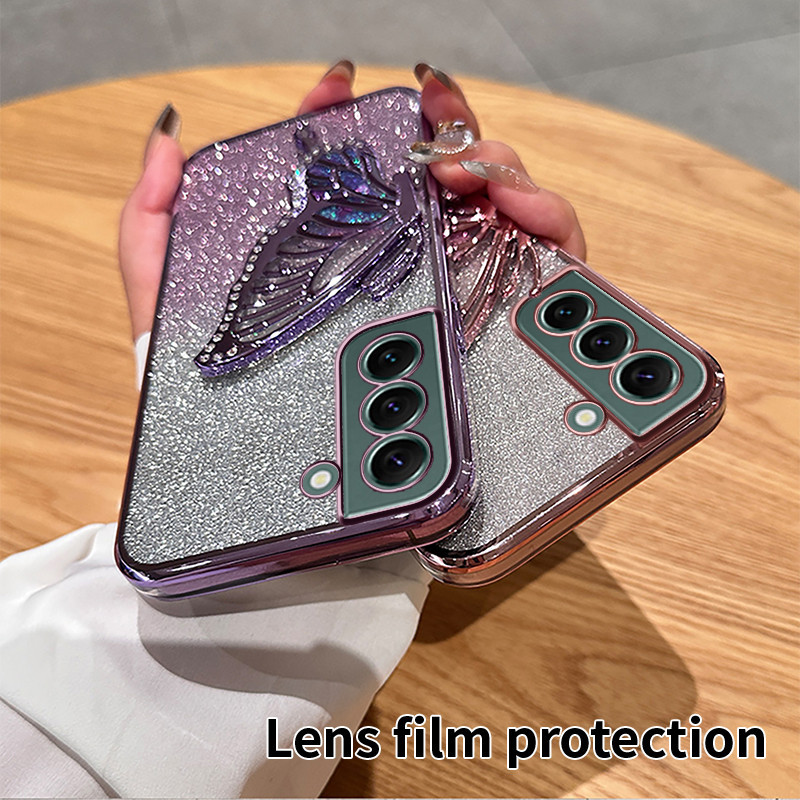 Phone case casing Samsung Galaxy S22 / S22 Plus / S22 Ultra Back cover with diamonds butterfly holde