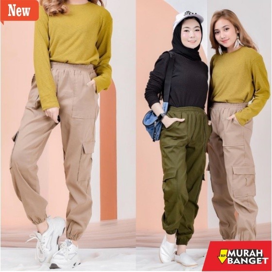 Celana cargo/Soft jeans wanita yg kekinian- CELANA JOGGER CARGO PANTS WANITA // BAGGY AMERICAN DRILL