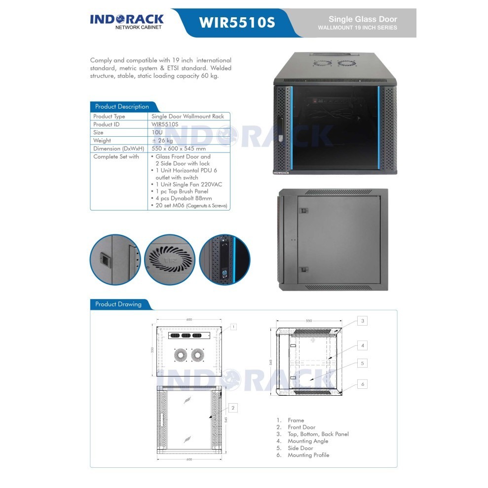Indorack Wallmount Rack WIR5510S 10U 550mm Rak Server Internet Wifi PC