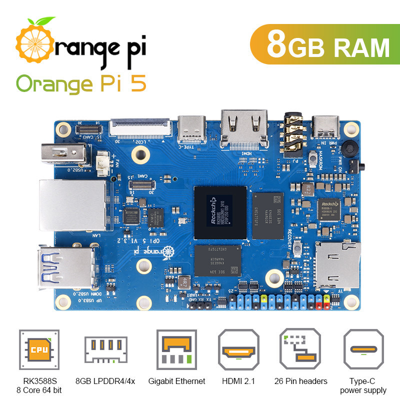 Orange Pi5 8GB RAM RK3588S 8 Core Gigabit Ethernet PCIE SSD Single Board Computer Support Android12 