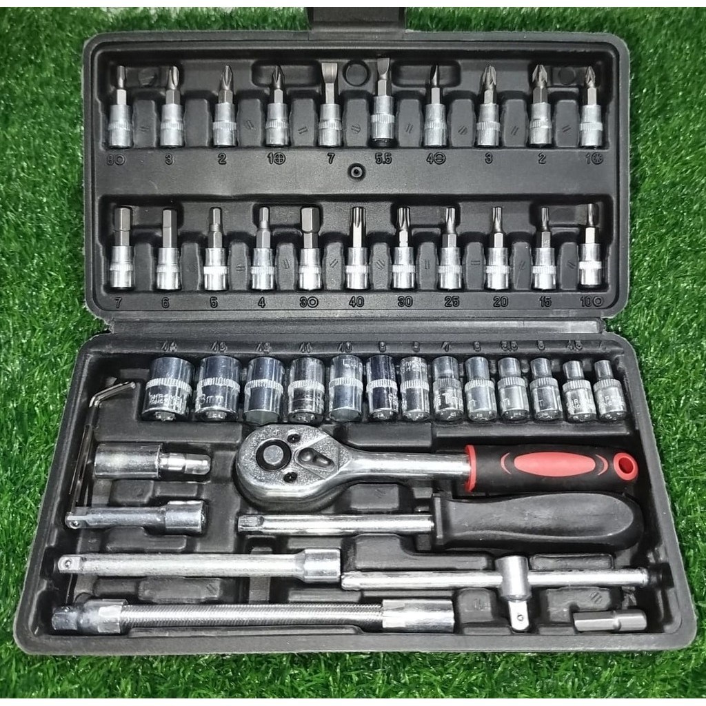 BY TEKIRO NEW Set Kunci Sok Kunci Shock 46 pcs Mobil Motor Lengkap Socket Tool Kit set Pas Ring  Mot