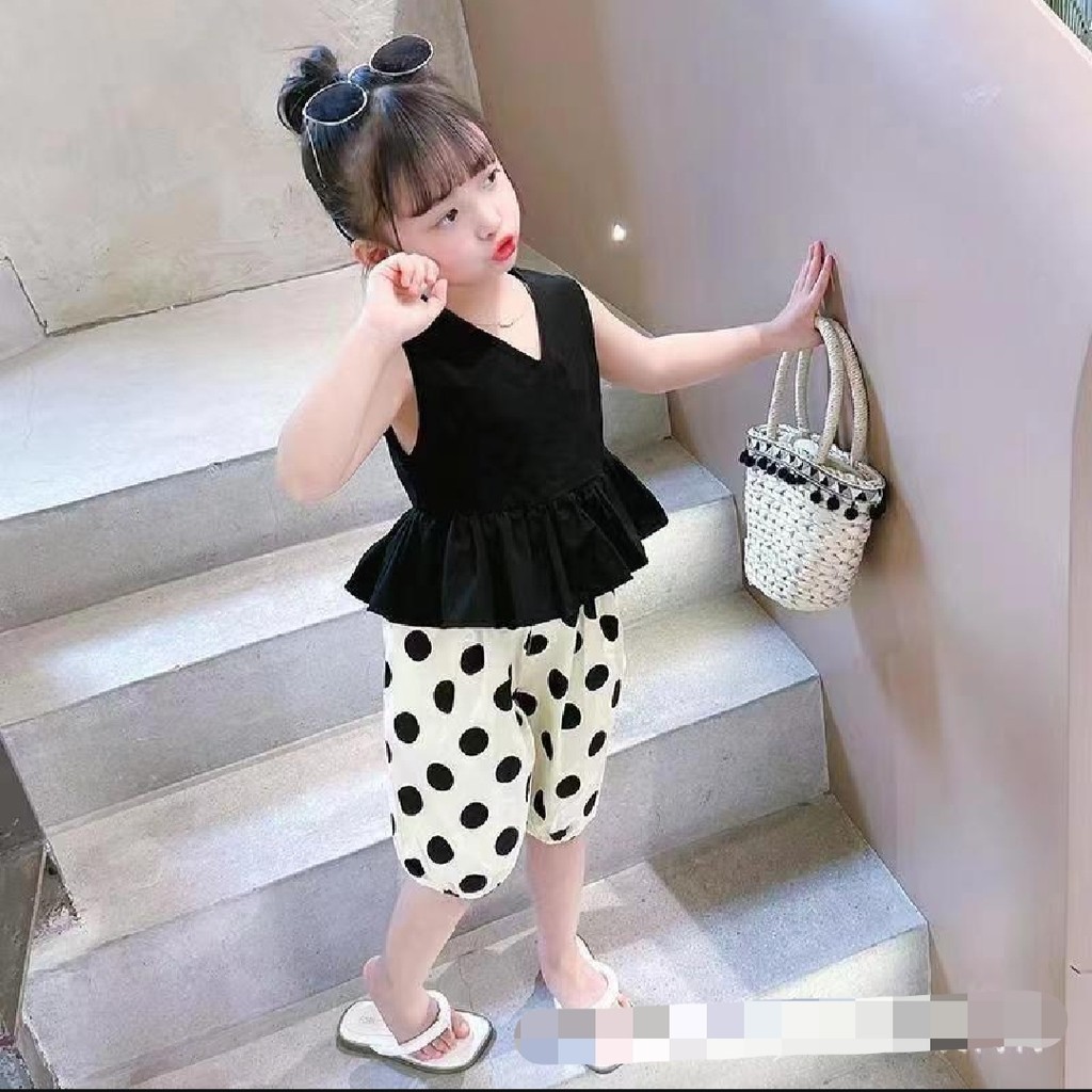 SETELAN ANAK PEREMPUAN POLKA CELANA BALON IMPORT BAJU PERGI SANTAI