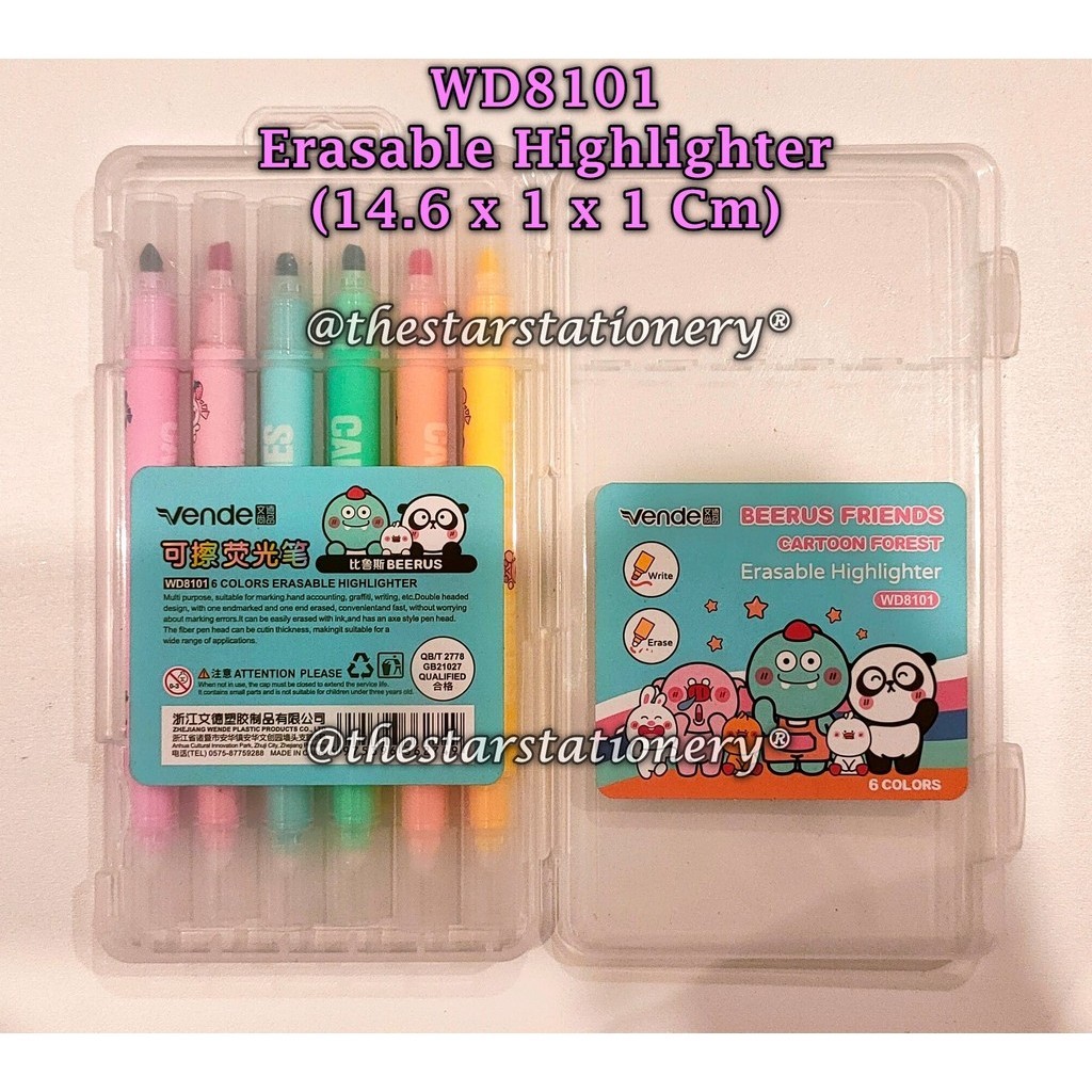 

(1 Set Isi 6 Pcs) GROSIR Erasable Highlighter WD8101 Dual Tip / Highlighter WD8101 6 Warna