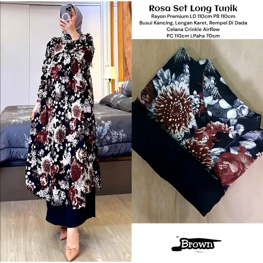Rosa Set Long Tunik - One Set Wanita Tunik Rayon Premium Baju Setelan Wanita Kekinian Celana Kulot