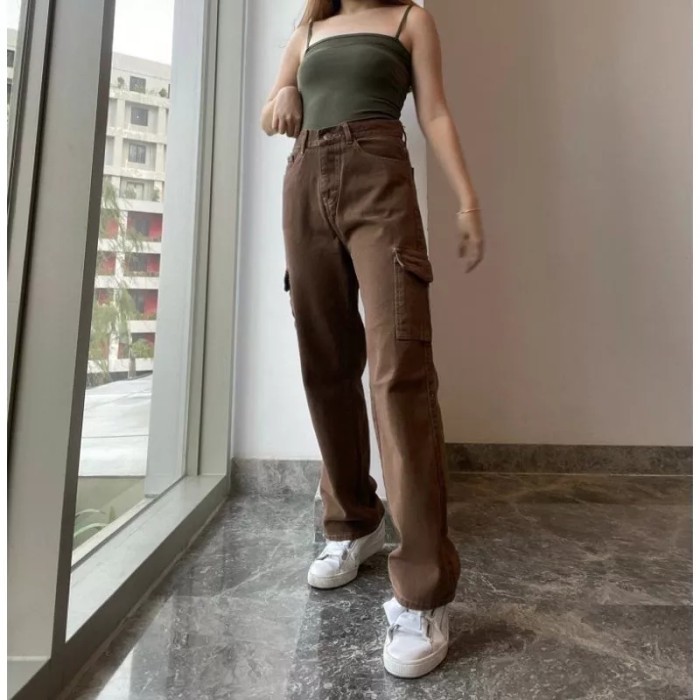 ✨TERLARIS✨ -CELANA CARGO HIGHWAIST LOOSE JEANS WANITA WARNA CREAM & HIJAU - Magnum, 30