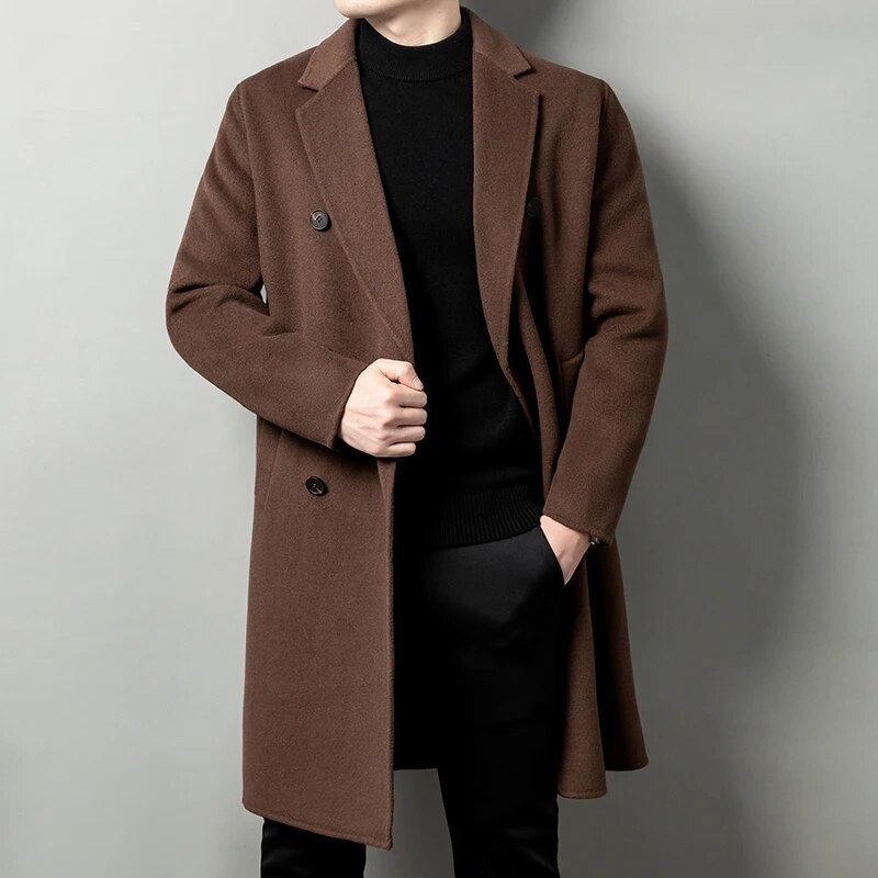 jaket jas jubah panjang pria korean style long coat import premium coat coklat tua
