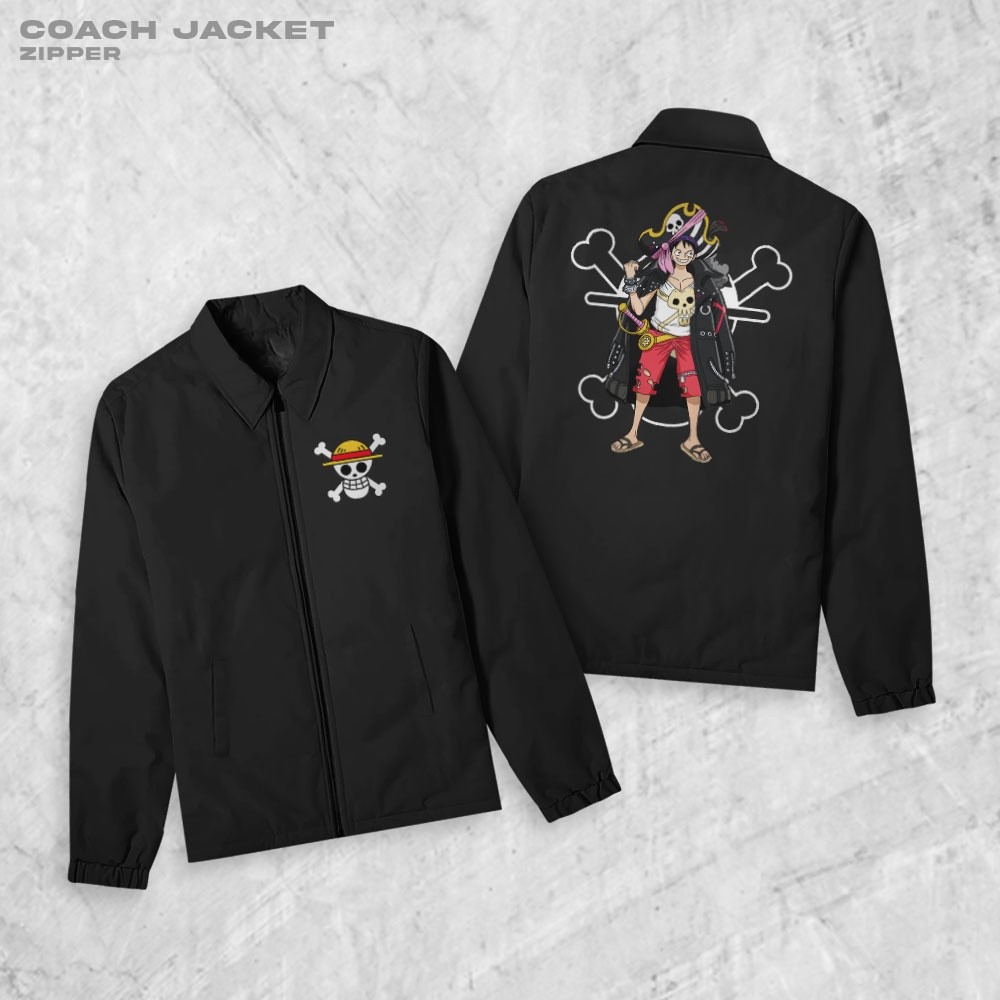 Fregi One Piece Luffy Red Coach Zipper Jaket Polos Pria Jaket Parasut Unisex