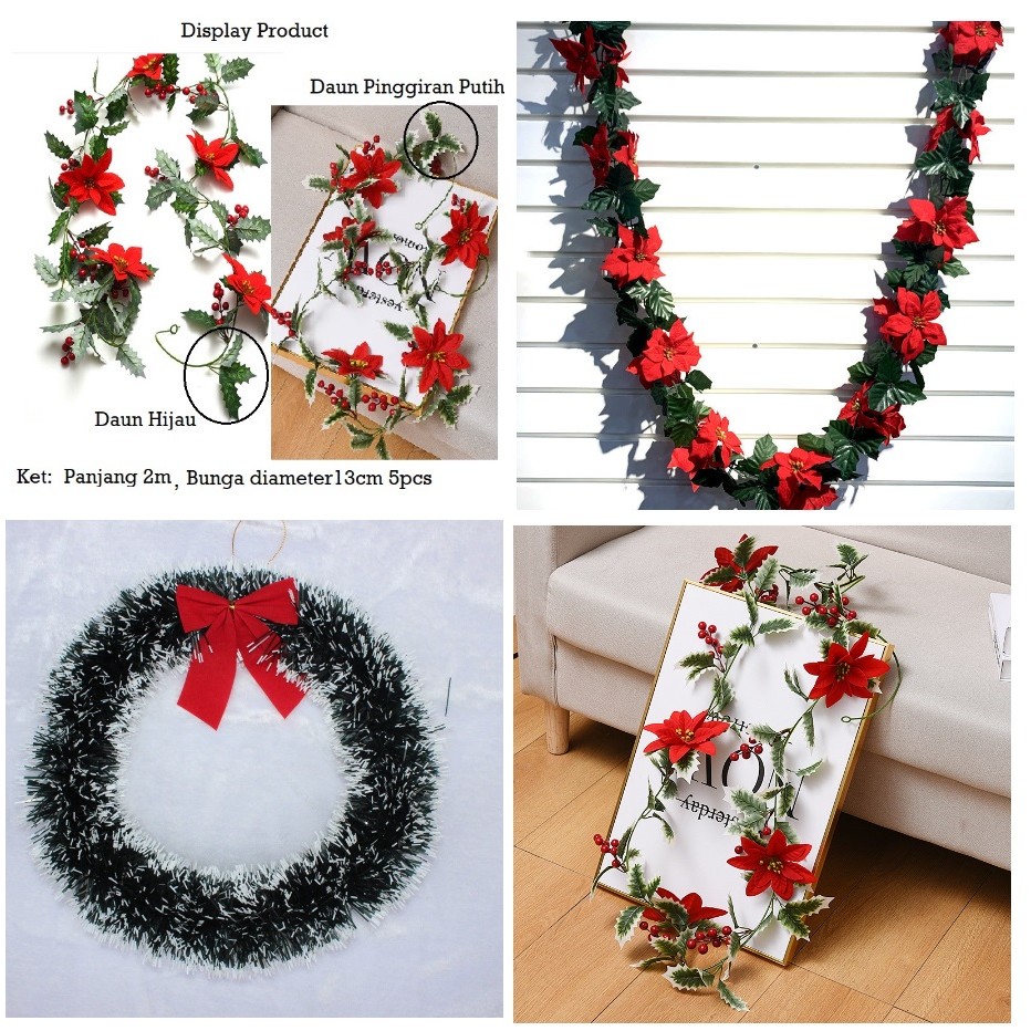 Garland Bunga Merah Rambat Juntaian Rangkaian Hiasan Dekorasi/Artifical Flower Garland Natal Merry C