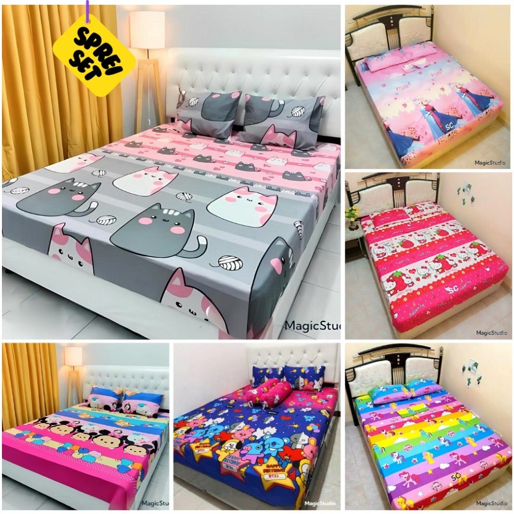 SPREI SET ANAK PEREMPUAN/Sprei+Sarung Bantal+Sarung Guling Motif Gambar Karakter Anak Perempuan Ukur