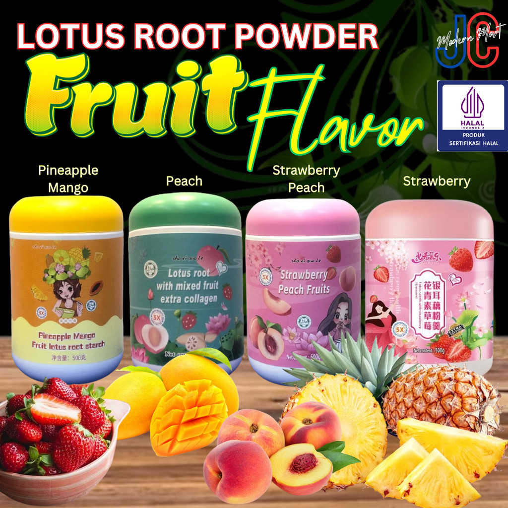 

LOTUS ROOT POWDER - OUFEN - Paket 4 Can - Varian Rasa Buah - Pineapple Mango - Strawberry - Peach - Strawberry Peach - @500g - HALAL