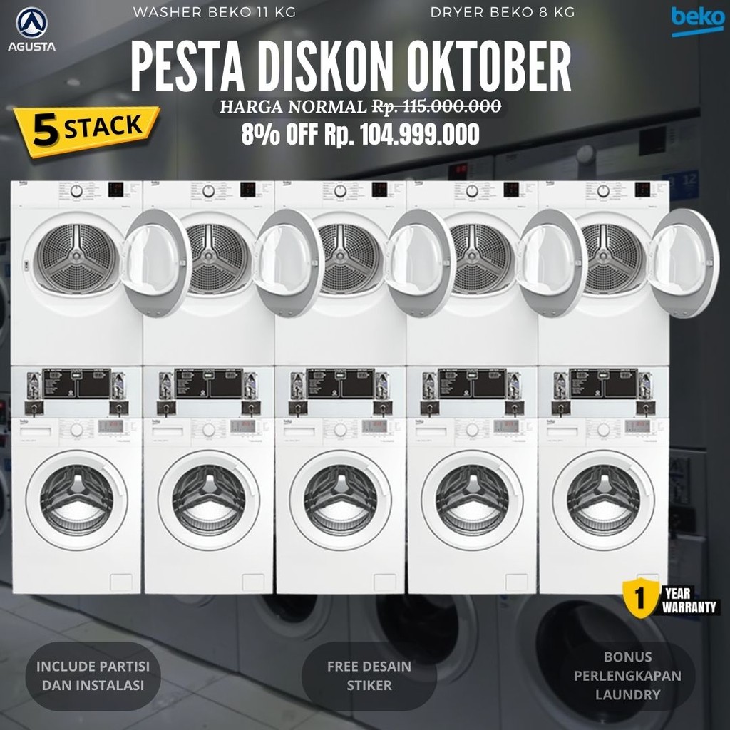 5 Set Mesin Cuci dan Pengering BEKO Paket Usaha Mesin Cuci Laundry Koin