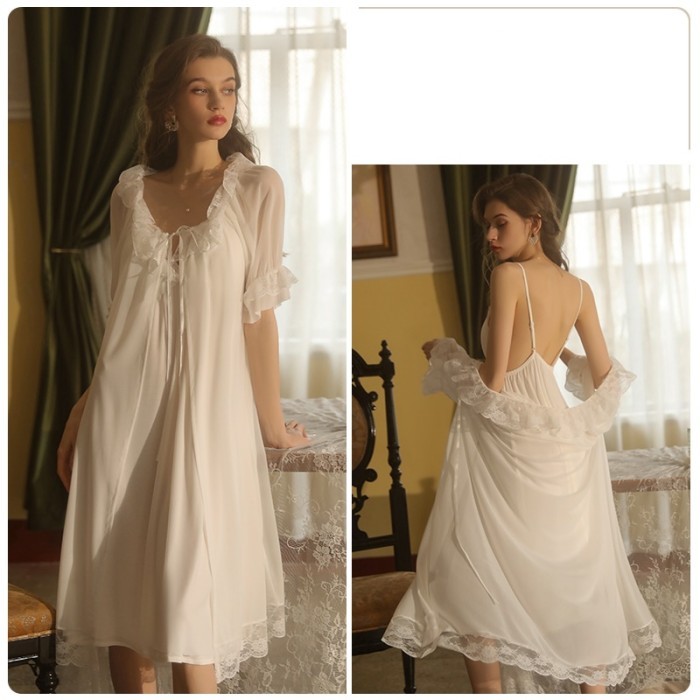 Set Baju Kimono Long Dress Piyama Tidur Lingerie Sexy Wanita Dewasa - Putih
