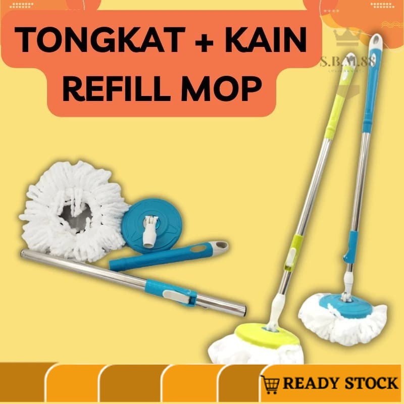 SM88-H112-Tongkat handle pel + kain spin mop - Mop Stick Set with Headmop