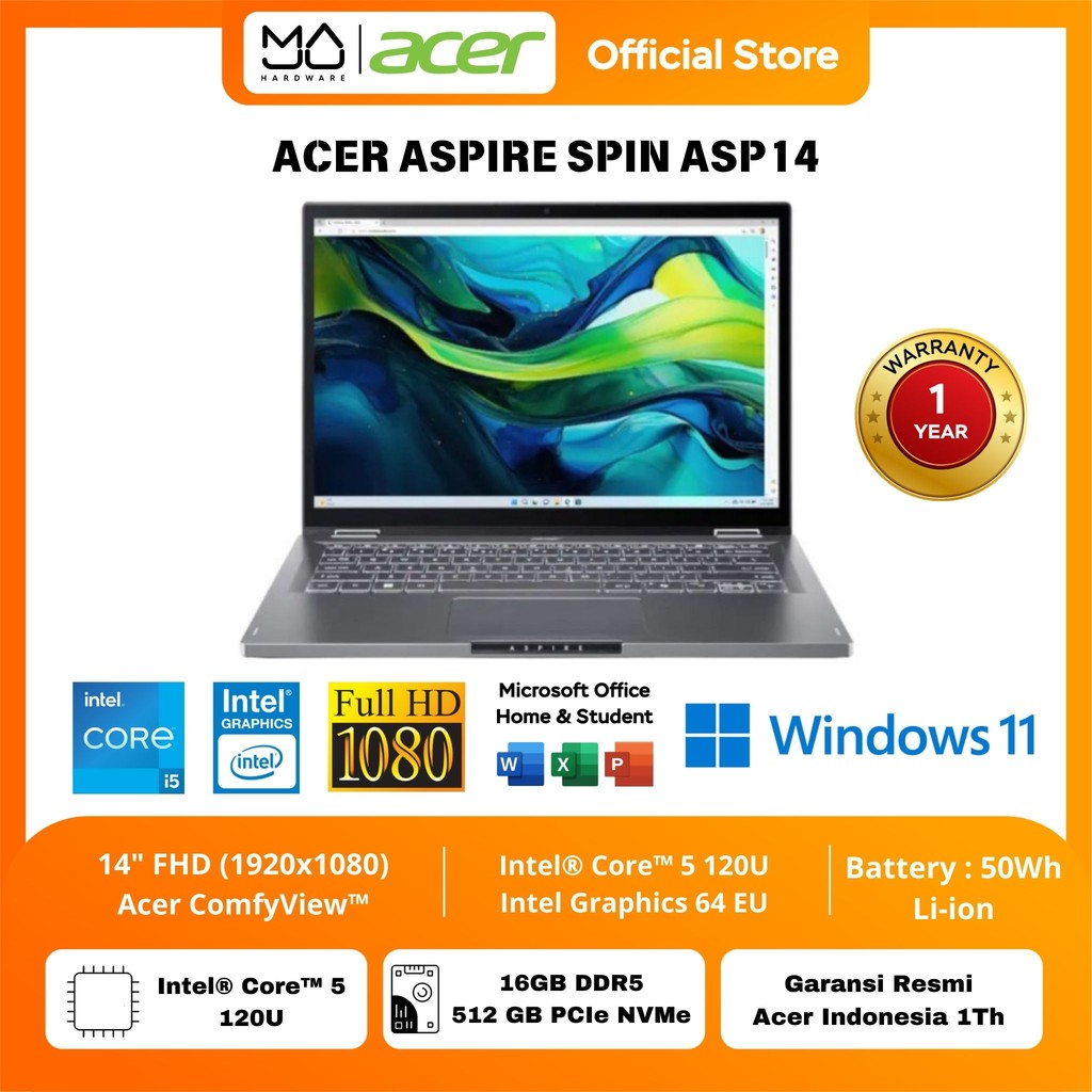 Laptop ACER Aspire Spin ASP14-51MTN-59EF INTEL CORE 5 120U 16GB 512GB SSD