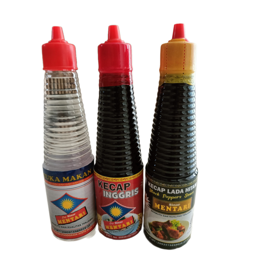 

Paket Hemat 3 Botol Cuka Makan, Kecap Inggris, Kecap Lada Hitam Cap Sinar Mentari 150 ml
