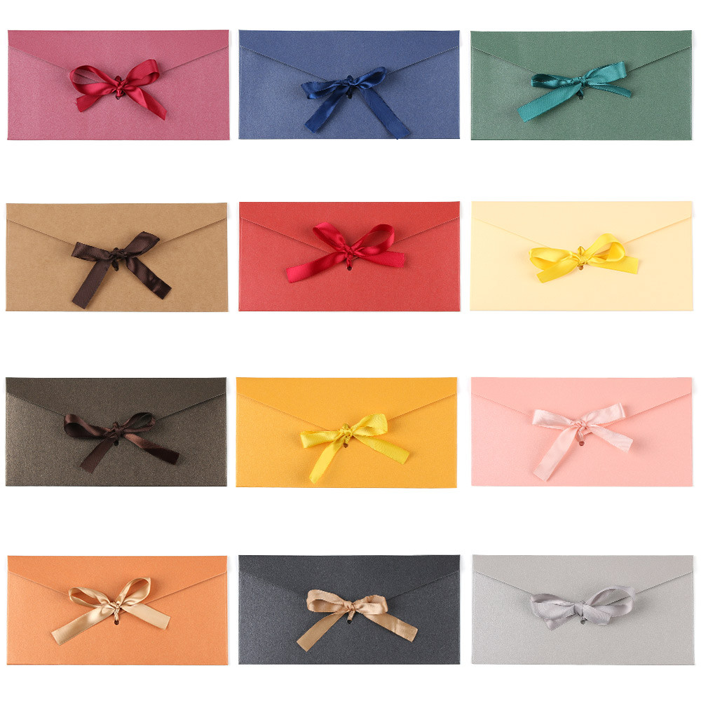 

10Pcs/Set Retro Pearlescent Paper Envelope Bow Thick Ribbon Creative Color Greeting Card Bags for Wedding Invited Gift Postcards