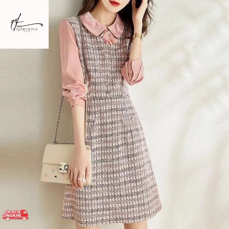 Dress Korea / MIDI CASUAL DRESS PINK / DRESS TWEED KOREA LENGAN PANJANG