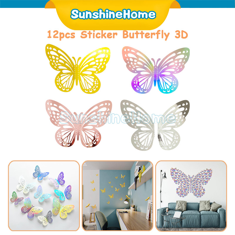 

3D Kupu-kupu Dekorasi Dinding12PCS Sticker Butterfly Aesthetic Emas Bunga Decor Hiasan Mahar Rustic Dekorasi