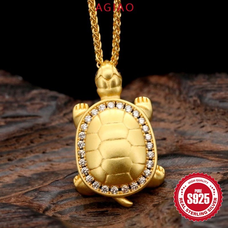 AGIAO Kalung Kura-Kura Emas Berlian Berkilau Wanita Kekayaan dan Keberuntungan Liontin Berlian Asli