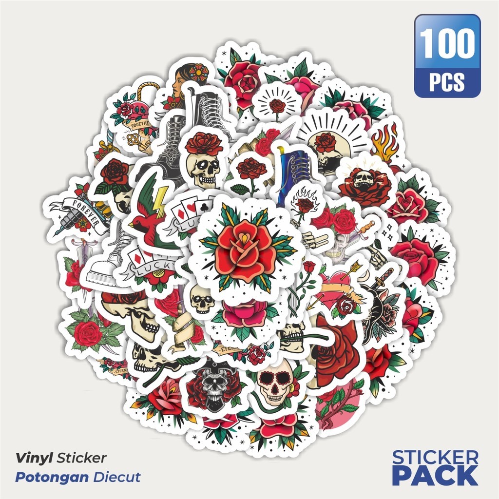 

100 PCS STIKER Goth Steampunk Rose [Bunga Mawar] Waterproof Aesthetic- Untuk Laptop, Motor, dan Helm - Paper Stationery Pack