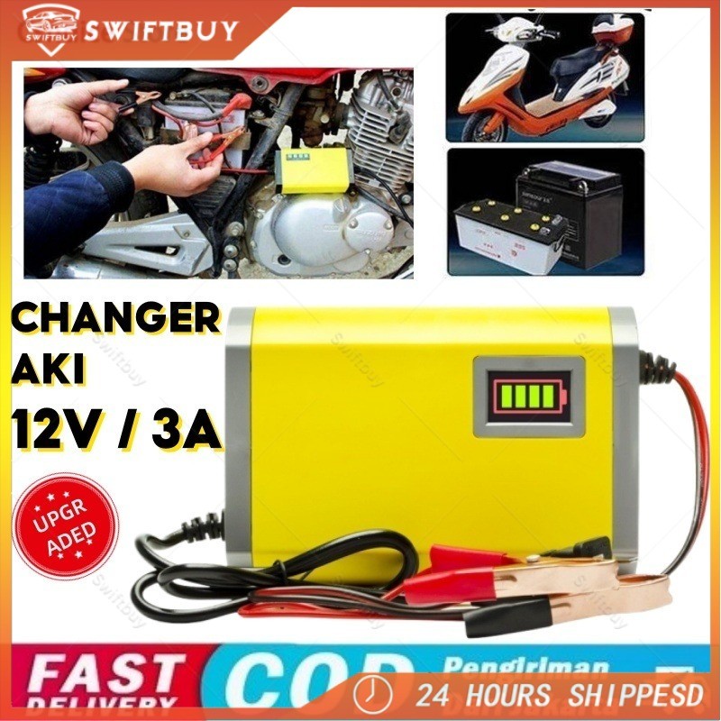 Charger Aki Portable 12V 3A Motor Mobil Cas Casan Aki Motor Charger Aki Motor 12v Otomatis/Casan Aki