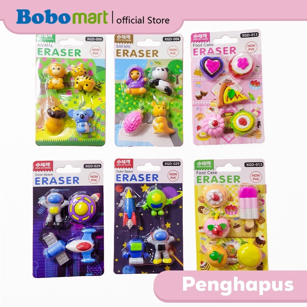 

BOBOMART Penghapus Eraser Karakter Fancy 1 Set Non PVC XGD (Animal, Outer Space, Food Cake)