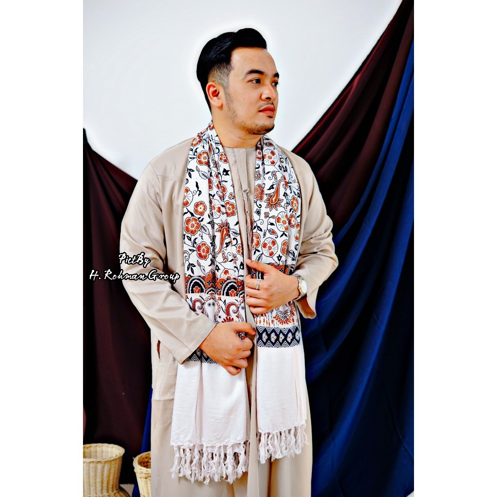 Sorban Rida Solo Panjang Jumbo Putih Motif Batik Kasmiri Printing Grade A Sorban Putih Sorban Haji