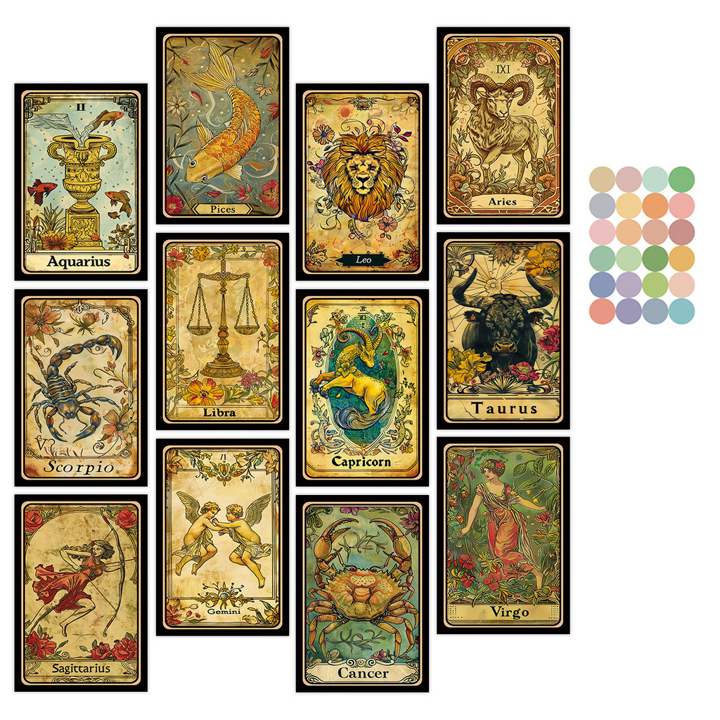 

12pcs Antique Constellations Reveal Postcards Tarot Element, Diy Wall Decorations For Homes, Photo Albums And Party Decorations