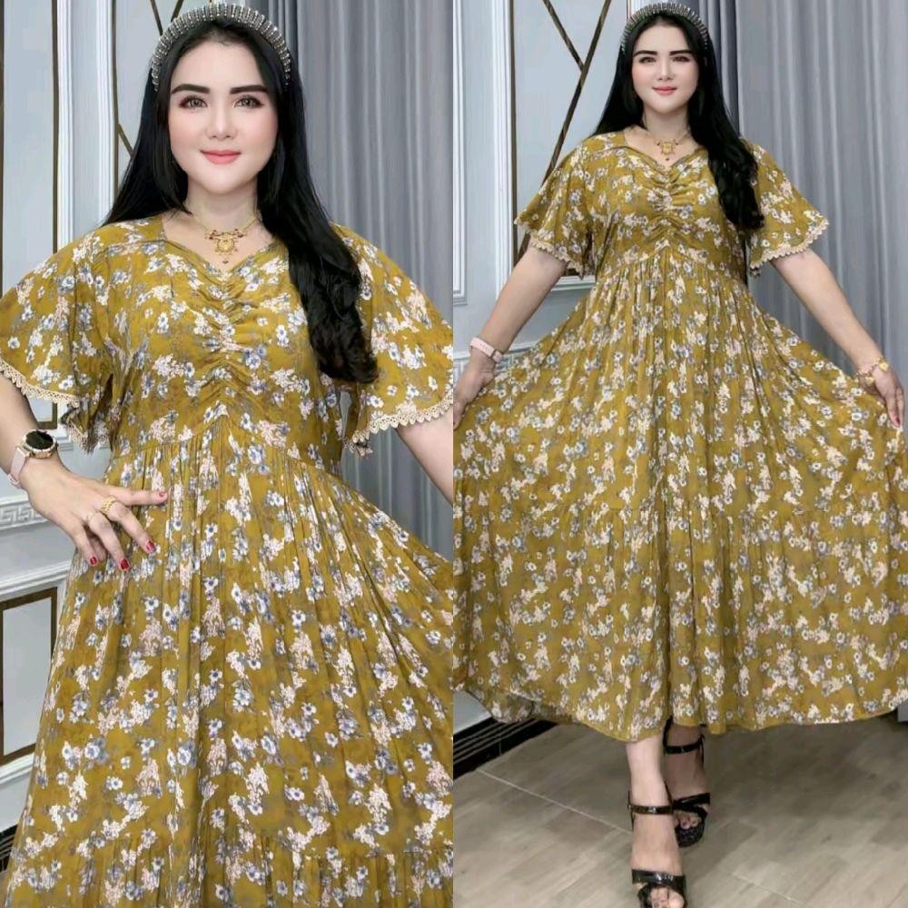 Cesila | Baju Wanita Dress Katun Rayon Serut Depan | Tali Pinggang | Lengan Pendek | Bawah Lebar Ade