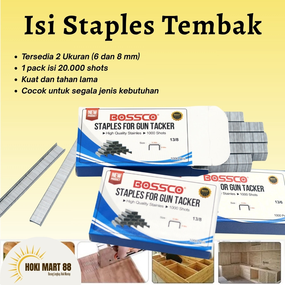 

GROSIR!!! 1 Box (ISI 20,000 pcs) - Isi Staples Manual / Staples Tembak Guntacker Merek BOSSCO Original Uk. 13/6mm (6mm) /13/8mm (8mm)