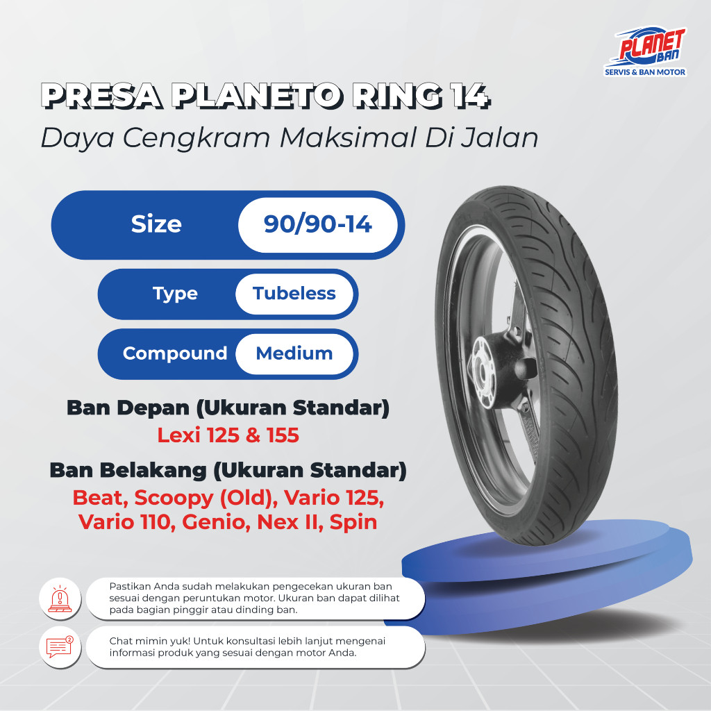 Ban Motor Ring 14 - 90/90 Presa Planeto TUBELESS (Ban Motor Lexi 125, Lexi 155, Beat, Scoopy (Old), 