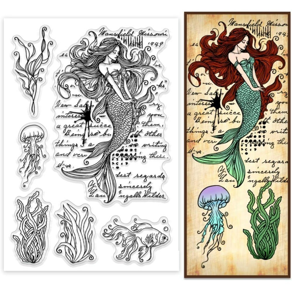 

Mermaid Clear Stamps for Card Making Jellyfish Fish Coral Rubber Stamps Under The Sea Cards Scrapbooking Stamp Transparent Paper