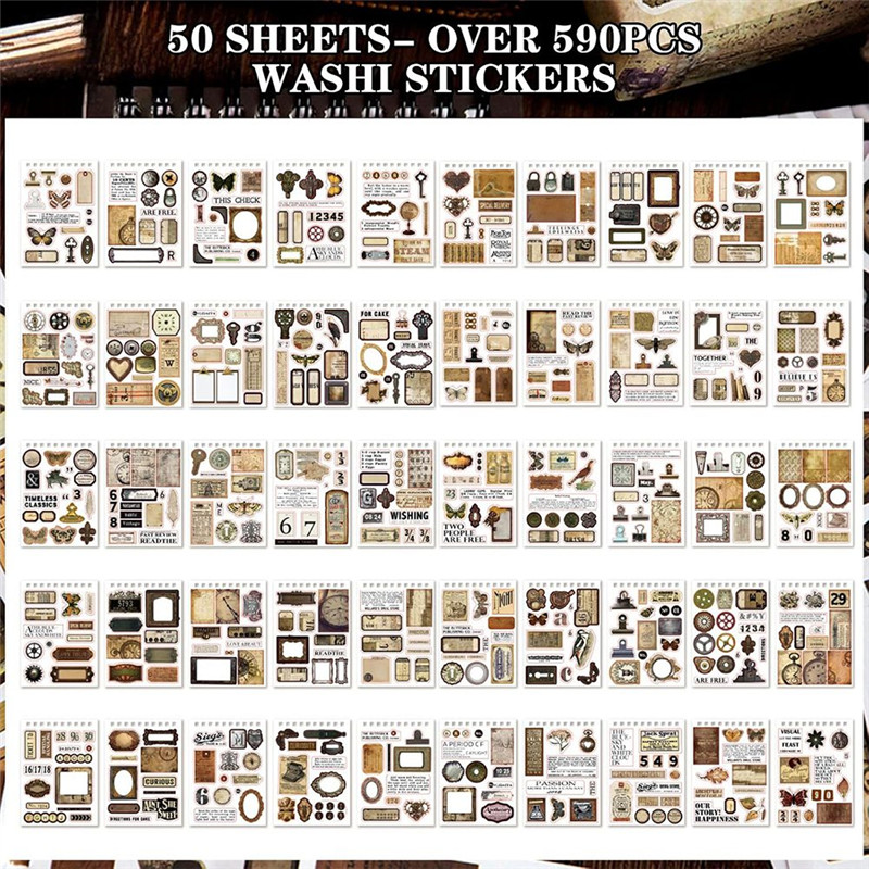 

50 Pcs Vintage Journaling Scrapbooking Supplies Scrapbook Sticker, Brown Pre-Cut Vintage Washi Sticker Book