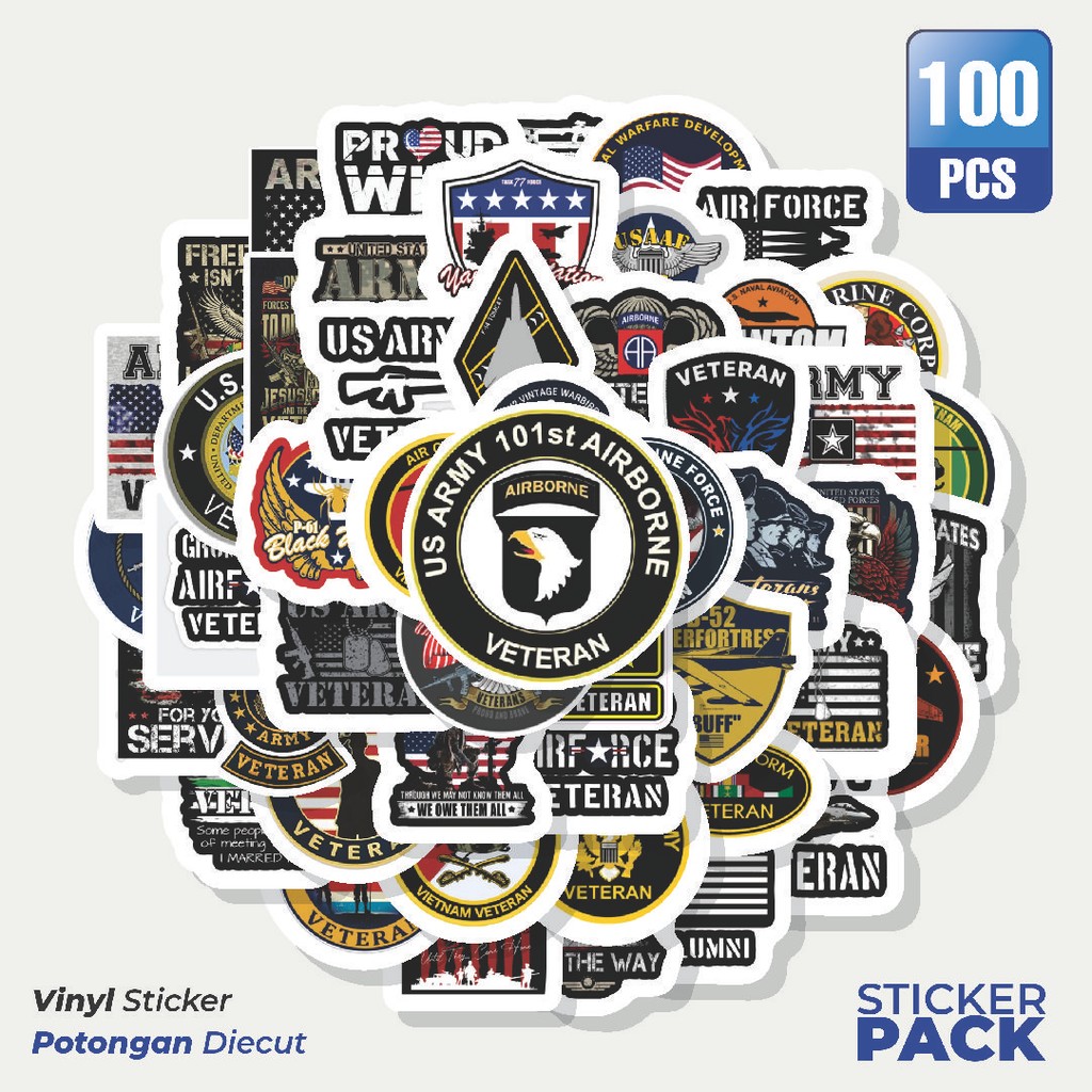 

Super Hemat! 100 PCS Stiker US Veteran Waterproof Aesthetic- Untuk Laptop, Motor, dan Helm - Paper Stationery Pack