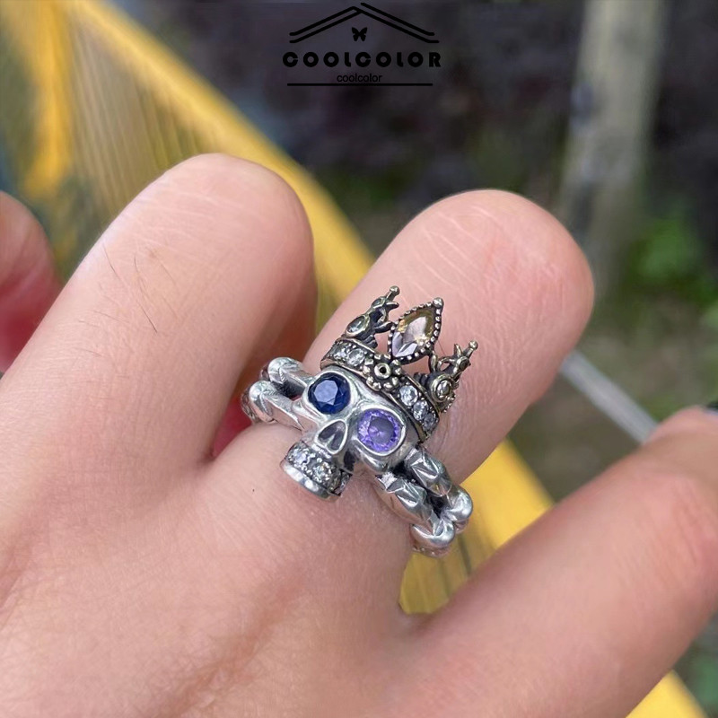 COD Cincin Retro Pria Mahkota Vintage Punk Gaya Cincin Zirkon Tembaga Berlian Ready-CL