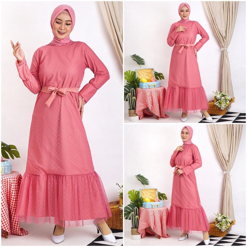 Gamis Helwa Tile Polkadot Maxi Dres Lebaran Long Dress Busana Muslim Murah