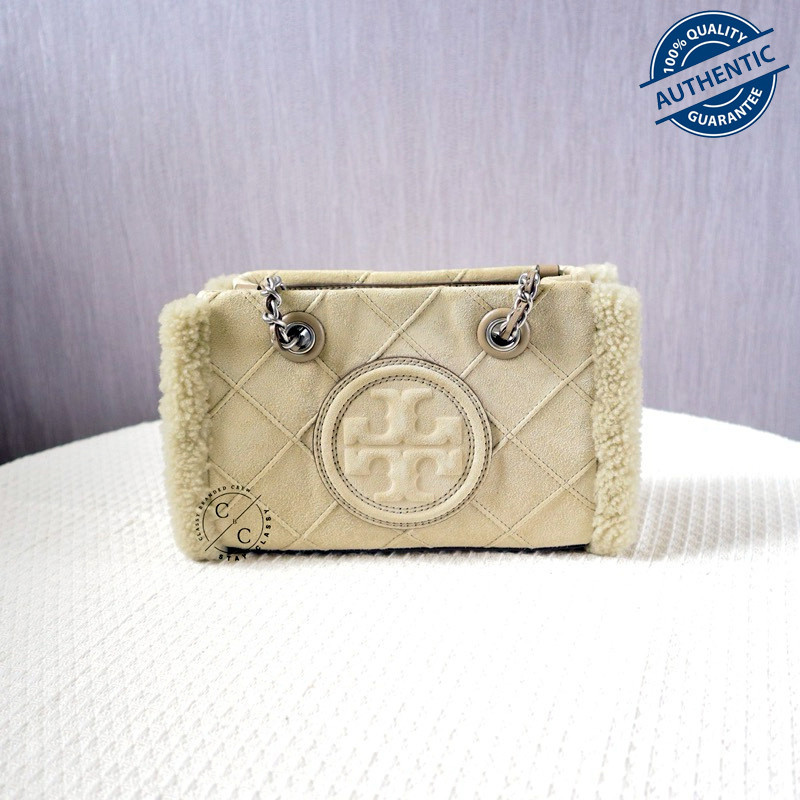 Tory Burch Fleming Soft Shearling Mini Chain Tote - GRAY